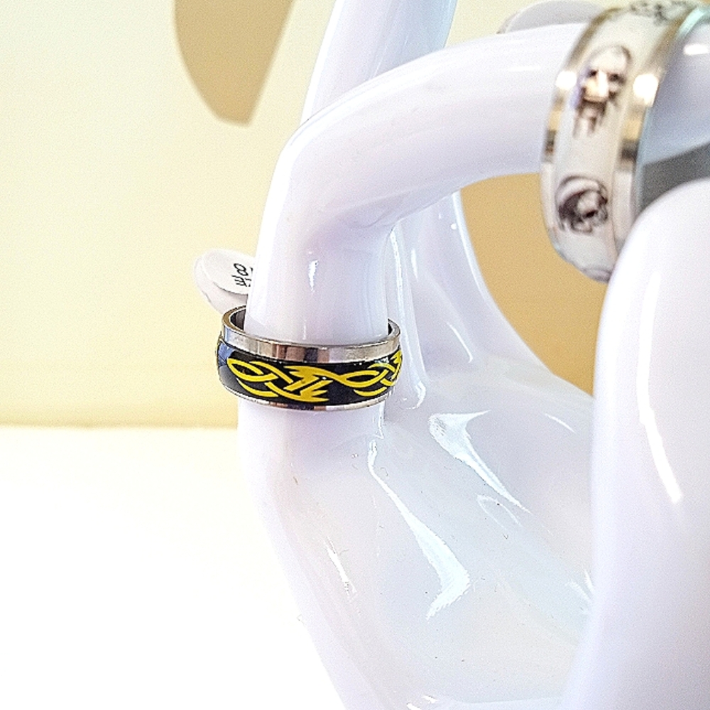 Silver Skull And Yellow Patterned Stackable Ring Set - Picture 6 of 8
